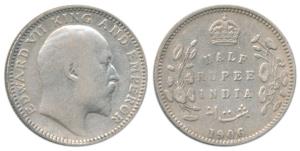 Edward VII, Silver ½ Rupee, 1906, Calcutta Mint, No mint mark. Very Fine+, Scarce.