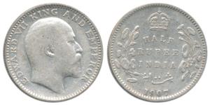 Edward VII, Silver ½ Rupee, 1907, Calcutta Mint, No mint mark. Very Fine, Scarce.
