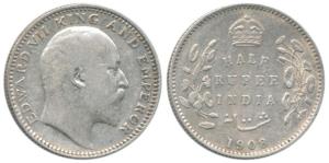 Edward VII, Silver ½ Rupee, 1908, Calcutta Mint, No mint mark. Very Fine+.