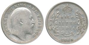 Edward VII, Silver ½ Rupee, 1909, Calcutta Mint, No mint mark. Very Fine, Rare.