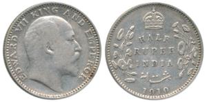 Edward VII, Silver ½ Rupee, 1910, Calcutta Mint, No mint mark. Very Fine.