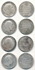Edward VII, Silver ½ Rupee, 1906, 1907, 1908, Calcutta Mint and 1910, Bombay Mint. Fine to