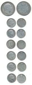 Edward VII, Silver ½ Rupee, 1910; 2 Annas, 1903, 1905 (2), 1907, 1908 and 1910. Very Fine 