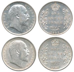 Edward VII, Silver Rupee, 1906, Bombay Mint and Calcutta Mint. Very Fine+ to About Uncircu