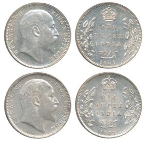 Edward VII, Silver Rupee, 1907, Bombay Mint and Calcutta Mint. About Extremely Fine to Abo