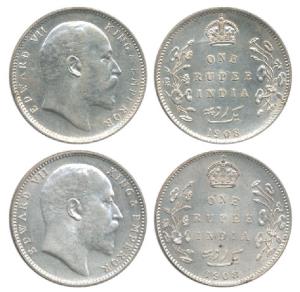 Edward VII, Silver Rupee, 1908, Bombay Mint and Calcutta Mint. About Uncirculated, Scarce.
