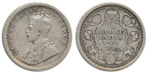 George V, Silver ¼ Rupee, 1911, Calcutta Mint. Very Fine, Rare.