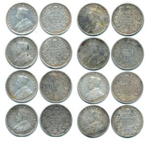 George V, Silver ¼ Rupee (8), 1913, 1915, 1916, 1917, 1918, 1919, 1925, and 1928. Fine+. (