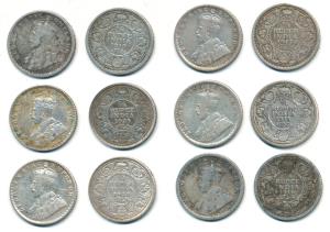 George V, Silver ¼ Rupee (6), 1916, 1917, 1918, 1919, 1925 and 1928. Fine+ to Very Fine. (
