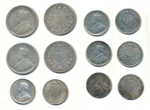 George V, Silver ¼ Rupee, 1917 (2); 2 Annas, 1912 (2), 1913 and 1916. Fine+ to Extremely F