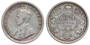 George V, Silver ½ Rupee, 1911, Calcutta Mint, No mint mark. Very Fine, Very Rare.