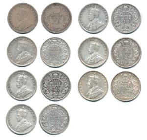 George V, Silver ½ Rupee (7), 1912, 1917, 1922, 1924, 1926, 1934, 1936. Fine+ to About Unc