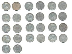 George V, Silver ½ Rupee (13), 1912, 1914, 1916, 1917, 1918, 1919, 1921, 1922, 1923, 1924,