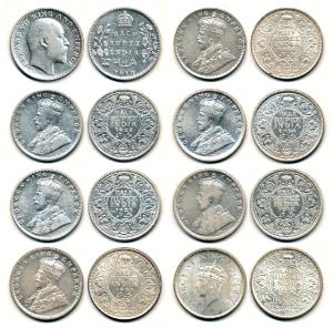 George V, ½ Rupee (5), 1916, 1922, 1923, 1934, 1936; Edward VII, ½ Rupee, 1910; George VI,