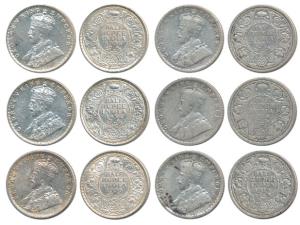 George V, Silver ½ Rupee (6), 1917, 1919 (2) and 1936 (3). Fine+ to Extremely Fine. (6)