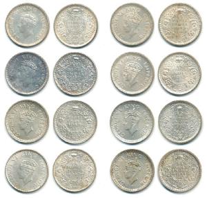 George VI, Silver and Half Silver ¼ Rupee, 6 different dates 1939-1945, Bombay and Calcutt