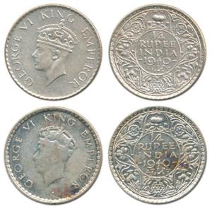 George VI, Half Silver ¼ Rupee, 1940, Bombay Mint, Young Head also called the 1st Head and