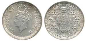 George VI, Half Silver ¼ Rupee, 1945, Bombay Mint, Large 5. About Uncirculated.