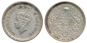 George VI, Half Silver ½ Rupee, 1943, rev. II also called the Star lotus. Very Fine+, Rare