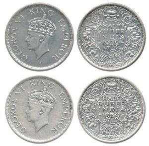 George VI, Silver ½ Rupee, 1939, Mature Head also called the 2nd Head, Bombay Mint and Cal