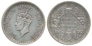 George VI, Half Silver Rupee, 1945, Lahore Mint, D / Ia, Large 5, ’L’ mint mark below. Ver