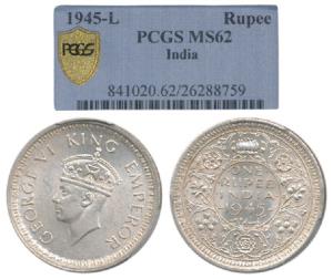 George VI, Half Silver Rupee, 1945, Lahore Mint, Large 5, ’L’ mint mark below. PCGS graded