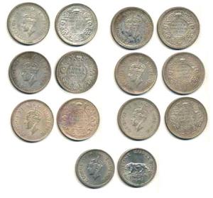 George VI, Half Silver Rupee (6), 1940 to 1945; Cupro-Nickel, 1947, Lahore Mint. (7)