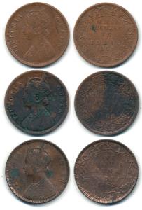 Victoria Queen, Copper ¼ Anna, 1862, with 3 different types, (Pr 601, 603, and 606). Fine+