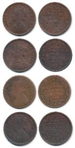 Victoria Queen and Empress, Copper ¼ Anna (4), 1874, 1875, 1877 and 1898. About Fine to Ab