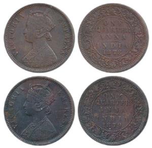 Victoria Empress, Copper ¼ Anna, 1878 and 1879. Very Fine+, Rare. (2)