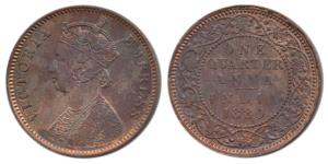 Victoria Empress, Copper ¼ Anna, 1880, Calcutta Mint, B / II, with ’C’ incuse not seen. No