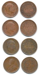 George V and Edward VII, Copper ¼ Anna (4), 1903, 1904, 1909 and 1913. Very Fine to Extrem