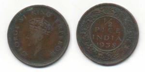 George VI, Copper, ½ Pice, 1938, Calcutta Mint. Very Fine, Very Rare.