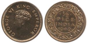 George VI, Copper ½ Pice, Mule, 1st head, 1942. Proof Restrike, Unlisted, Extremely Rare.