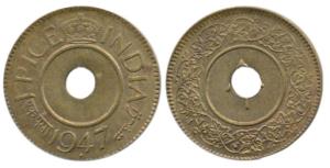 Copper, Brass 1 Pice, 1947, Bombay Mint, Trial strike, an arrow indicating the direction, 