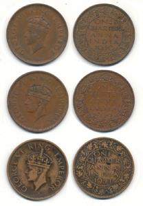 George VI, Copper ¼ Anna, 1939, Calcutta Mint, Type II, 1940, Bombay Mint, Type I, 1941, B