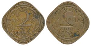George VI, Brass 2 Annas, 1945, Error, reverse Brockage, nice deep and complete lakhi impr