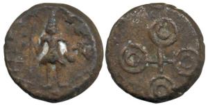 Ujjaini (c. 2nd century BC), Copper Unit, Lord Shiva holding spear & Karmandal on obv., fo