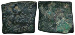 Satavahana Dynasty, Satakarni I (1st century BC), Square Copper Unit, 4.25g, Lion facing r