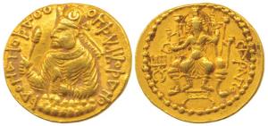 Kushanas, Huvishka (c. 126-164 AD), Gold Dinar, 7.9g, half length bust of the king seated 