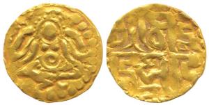Kalachuris of Tripuri, Gangeya Deva, Gold Dinara, 4.17g, Goddess Lakshmi seated wearing a 