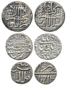 Akbar, Silver ½ Rupee, Ahmedabad Mint, Month Tir; Silver Rupee, mint name off flan, AH 987