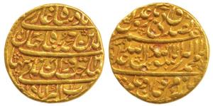 Shah Jahan, Gold Mohur, 10.9g, Akbarabad Mint, names of the four Khalifa’s, above and belo