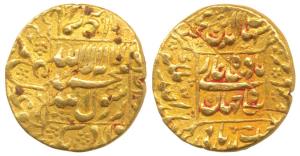 Shah Jahan, Gold Mohur, 10.95g, Burhanpur Mint, legend within square area, Kalima on obv.,