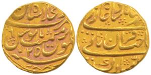 Muhammad Shah, Gold Mohur, 10.89g, Dar-ul-Khilafat Shahjahanabad Mint, RY 25, Sahib-i-qira