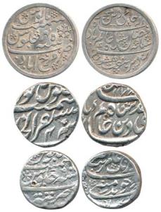 Silver Rupee (3), Aurangzeb, Tatta Mint, RY 9; Shah Alam II, Akbarabad Mint, AH 1177/4; Be