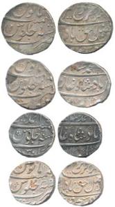 Muhammad Shah, Silver Rupee (2), Ahmednagar and Surat Mint, RY 21 and AH 1132/2; Farrukhsi