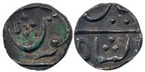 Muhiabad urf Poona, Silver ¼ Rupee, in the name of Shah Ali Gohar (Shah Alam II), Ankushi 