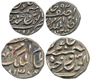 Mir Mehbub Ali Khan, Silver 1/8 and 1/16 Rupee, Farkhanda Bunyad Mint, AH 1300 & 1308 (KM 