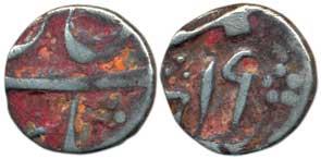 Murshidabad Mint, Silver 1/8 Rupee, 1.42g, in the name of Shah Alam II, frozen RY 19. Fine